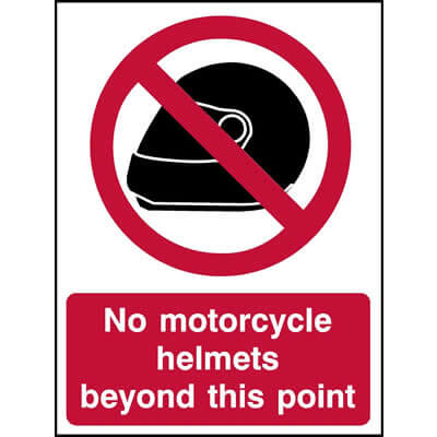 No motorcycle helmets beyond this point sign