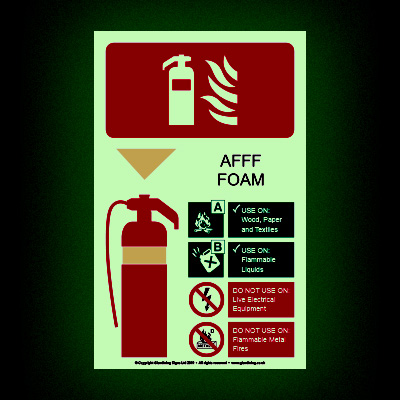 Glow-in-the-dark extinguisher Code AFFF Foam sign