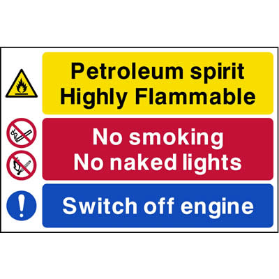 Petroleum spirit highly flammable no smoking switch off engine