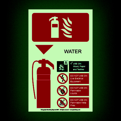 Glow-in-the-dark extinguisher code water sign