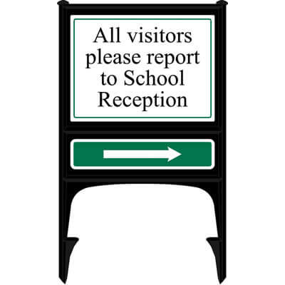 Visitors report to school reception + arrow (Realicade)