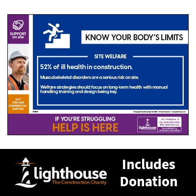 Know your body's limits - Site Welfare - Support on Site Sign - Including Lighthouse Charity Donation